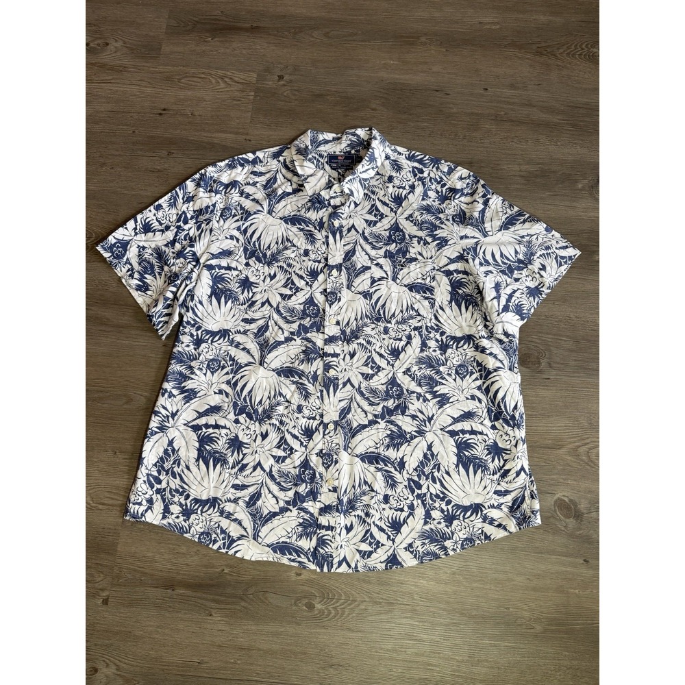 Vineyard Vines M XXL Slim Fit Tucker Shirt Blue White Tropical Floral Button Up